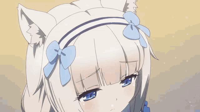 a girl with white hair and blue eyes has a bow on her ear
