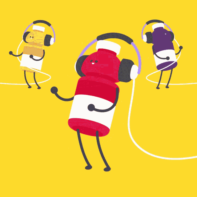 three bottles are dancing and listening to music with headphones on