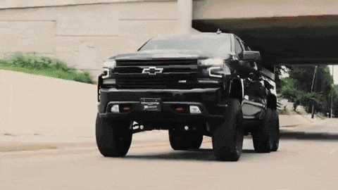 a black truck is driving under a bridge on a city street .