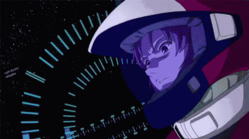 a cartoon character with purple hair and a helmet on