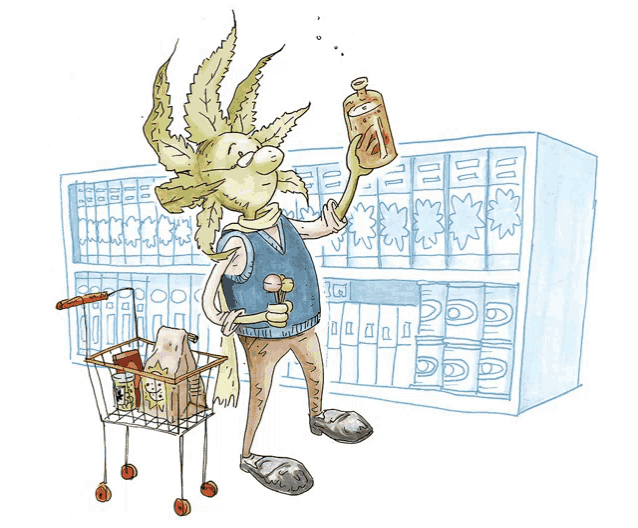a cartoon of a man holding a bottle in front of a store