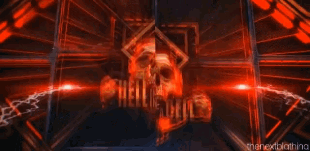 a close up of a red background with a skull in the middle .