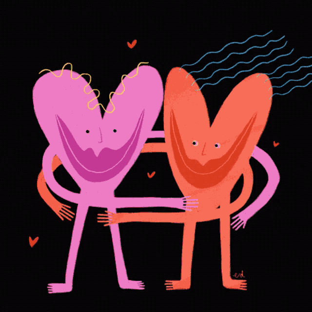 a cartoon drawing of two hearts hugging each other with a black background