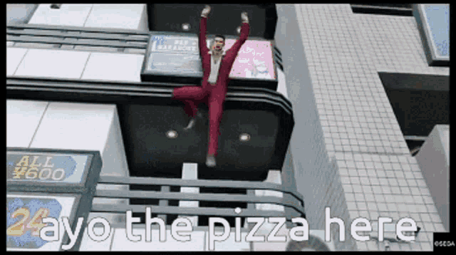 a man in a red suit is hanging from a building with the words " ayo the pizza here " below him