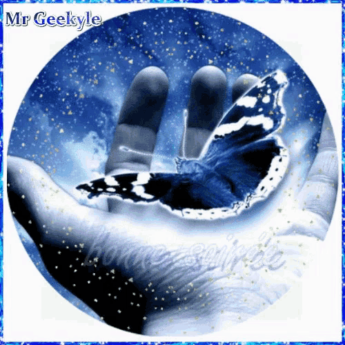 a picture of a hand holding a butterfly with the name mr geekyle on the bottom