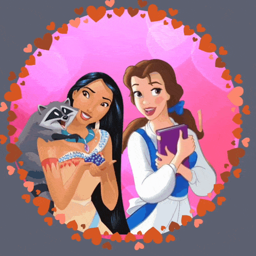 a cartoon of pocahontas and belle with a raccoon