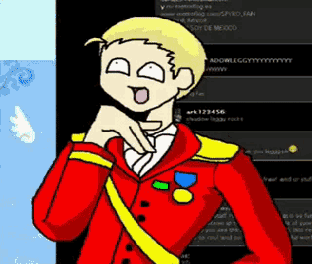 a cartoon of a man in a red jacket with medals on his sleeves