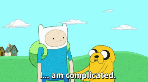 a cartoon character says i am complicated next to a dog