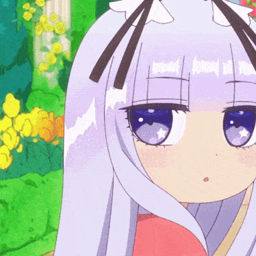 a close up of a girl with purple eyes and white hair