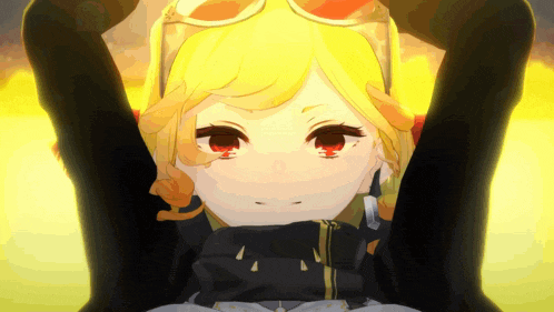 a girl with yellow hair and red eyes is wearing glasses