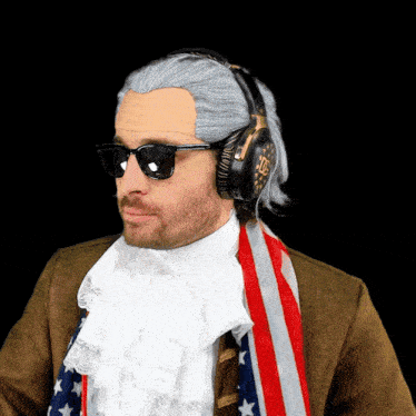 a man wearing a wig and headphones with a dollar sign on them