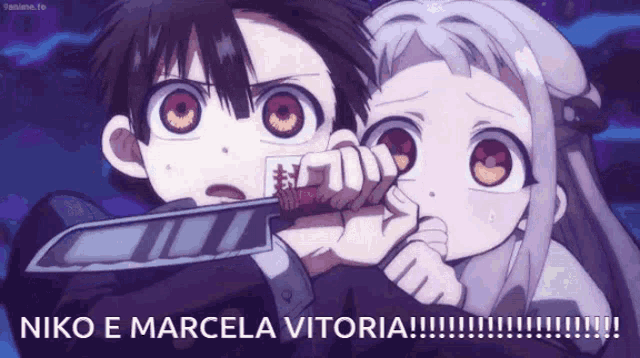 a boy is holding a knife in front of a girl with the words niko e marcela vitoria on the bottom