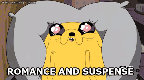 a cartoon of a dog with a heart shaped pillow says romance and suspense hd