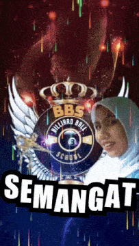 a woman in a hijab stands in front of a billiard ball school logo