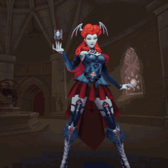 a woman in a red and blue outfit is holding a sword