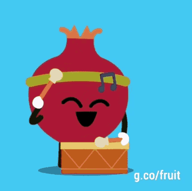 a cartoon of a pomegranate playing a drum with g.co/fruit written below it