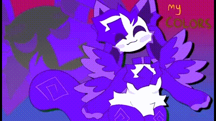 a cartoon of a purple and white furry animal with wings and a skull in the background .