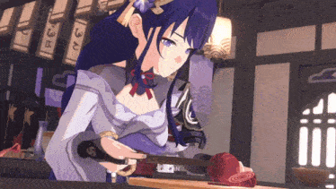 a purple haired anime character is cutting a red object