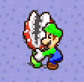 a pixel art of luigi holding a mushroom with a sharp teeth