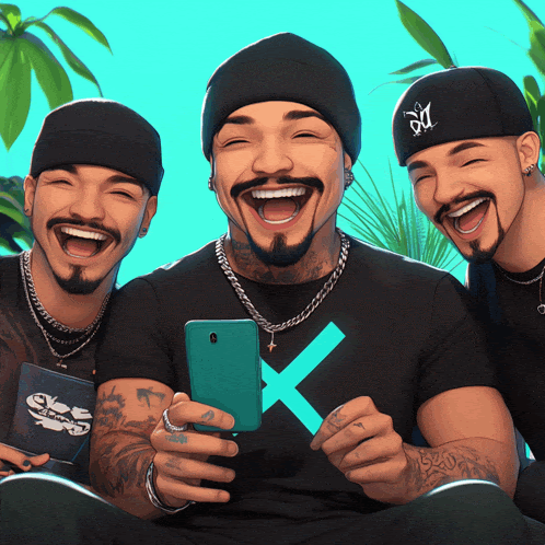 a man wearing a black shirt with an x on it laughs with two other men