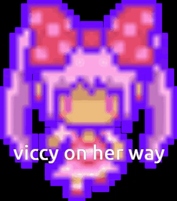a pixel art of a girl with the words vicky on her way written below her