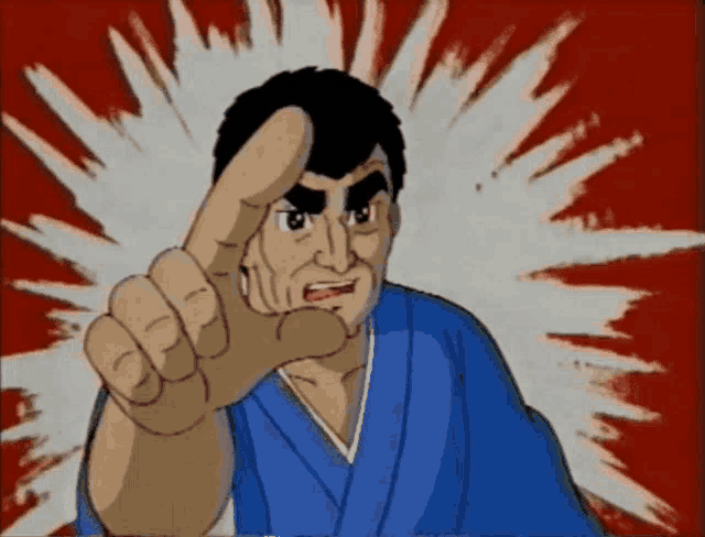 a man in a blue kimono is pointing his finger at the camera