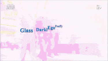 a group of men are walking down a street with the words glass darki ego poufly written in blue