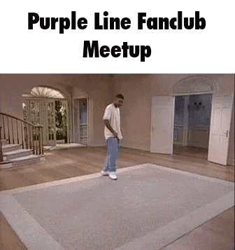 a man is standing on a rug in a living room with the words `` purple line fanclub meetup '' written above him .
