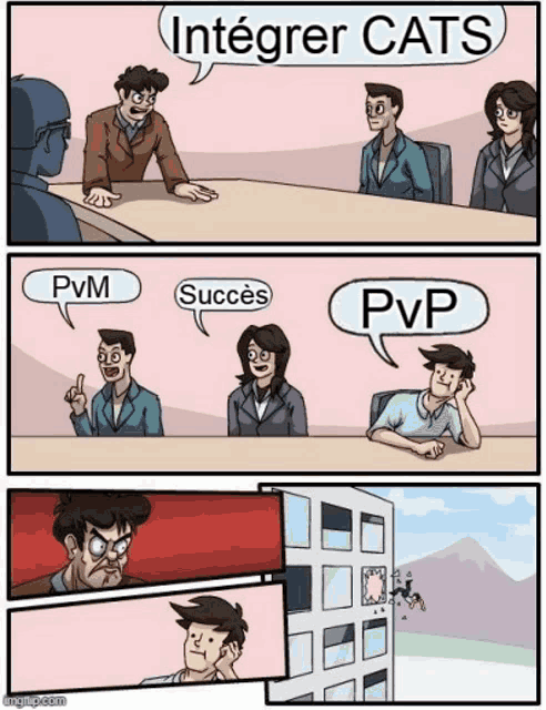 a group of people sitting around a table with speech bubbles that say integrer cats pvm succes and pvp