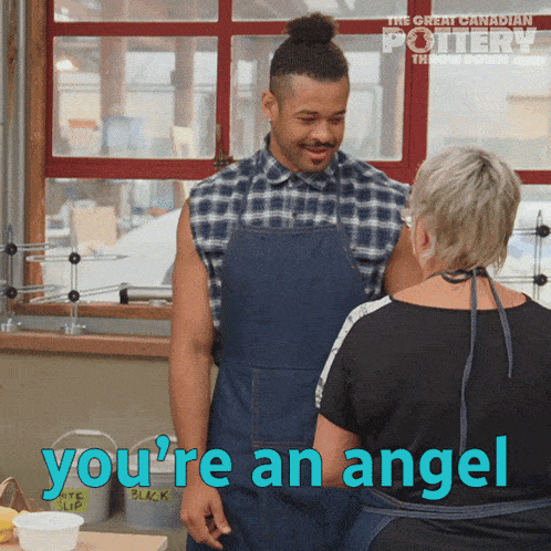 a man in an apron talking to a woman with the words " you 're an angel " written below him