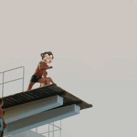a man is jumping into a pool with a guitar on his back