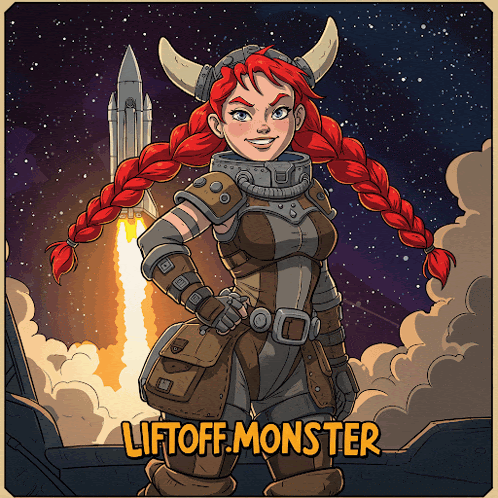 a cartoon of a woman with red hair and the words liftoff monster