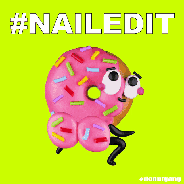 a pink donut with googly eyes and sprinkles on a green background