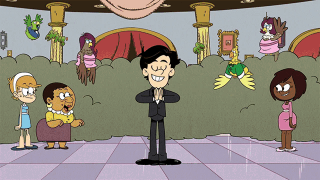 a cartoon of a man in a tuxedo surrounded by women and birds