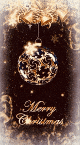 a merry christmas card with a bell and a christmas ornament