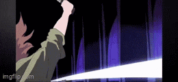 a person is holding a sword in front of a purple curtain .