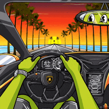 a cartoon drawing of a person driving a lamborghini car