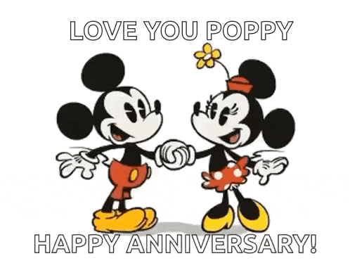mickey mouse and minnie mouse are holding hands and kissing on a happy anniversary .