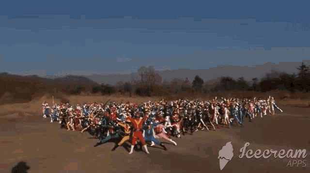 a large group of people are standing in a field with icecream apps on the bottom right
