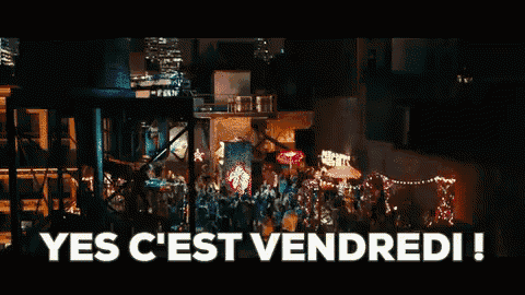 a woman is dancing in a crowd with the words yes c'est vendredi written in white letters