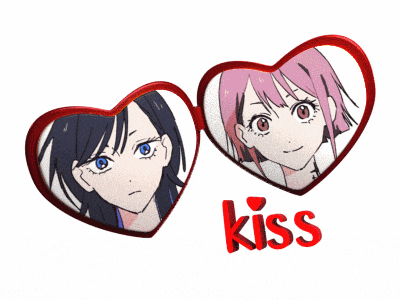 two anime girls are in heart shaped mirrors with the word kiss below them