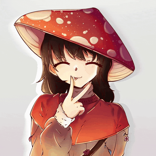 a drawing of a girl with a mushroom hat on