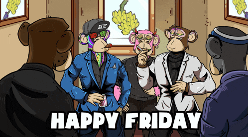 a group of monkeys are gathered in a room with the words happy friday below them