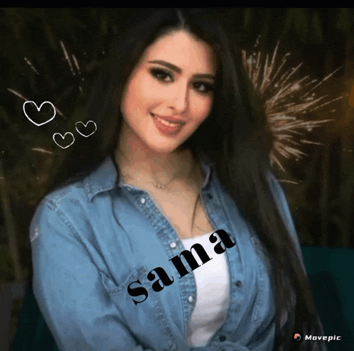 a woman in a denim shirt has the name sama written on her shirt