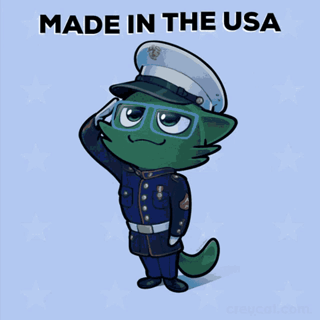 a cartoon of a cat in a marine uniform with the words made in the usa below it