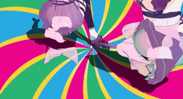 a colorful swirl with a couple of cartoon characters in it