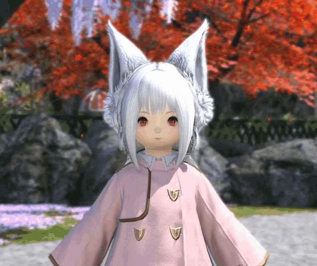 a girl with white hair and red eyes is wearing a pink coat and white ears