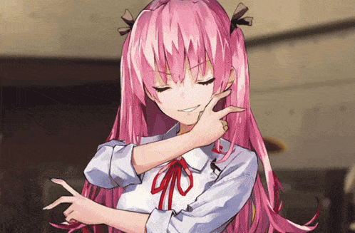 a girl with pink hair is making a funny face and pointing