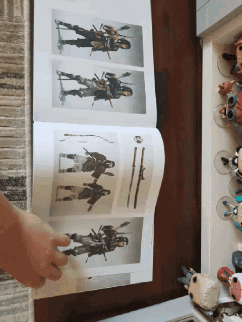a book is open to a page with a drawing of a man on a scooter