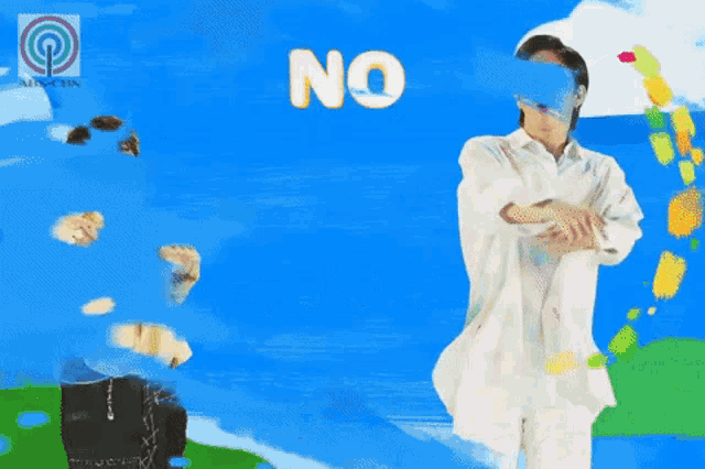 a man in a white shirt is standing in front of a blue background with the word no on it